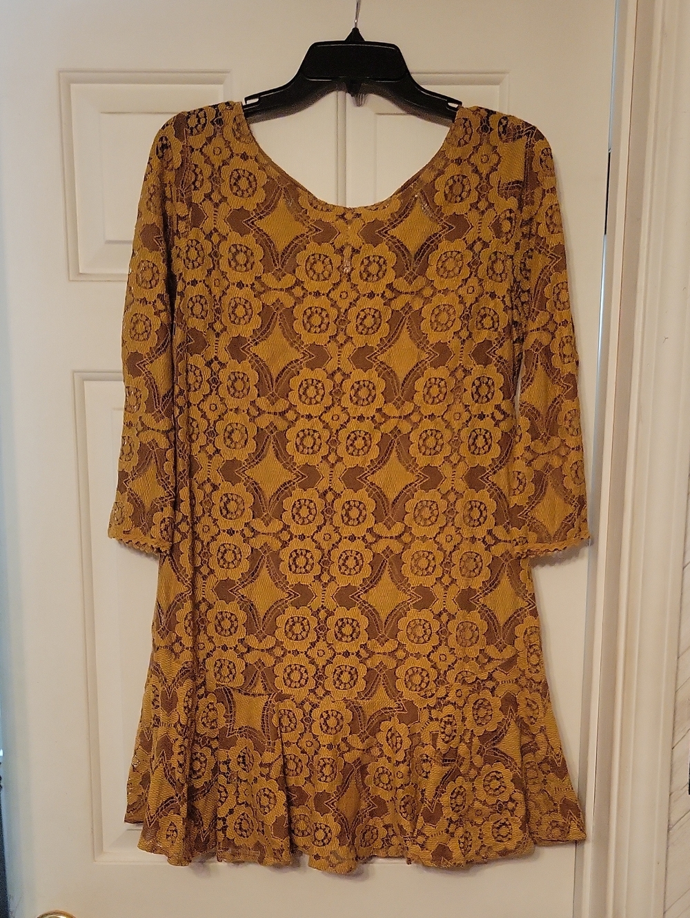 Free People Mustard Yellow Lace-Pattern Long Sleeve Dress
